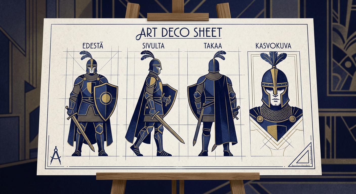 Art deco -kuvitus: piirustustelineellä hahmolomake, jossa sama ritarihahmo on kuvattu edestä, sivulta, takaa ja kasvokuvana; vieressä harppi ja viivain, taustalla teknisen piirustuksen ruudukko