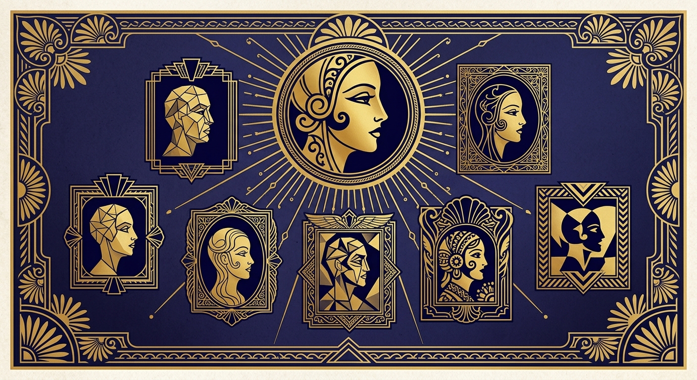 Art deco -kuvitus: kultainen kasvoprofiili medaljonkina keskellä, ympärillä viuhkana pienempiä kehystettyjä muotokuvia samoista kasvoista eri tyyleillä, kultaiset säteet yhdistävät ne keskukseen