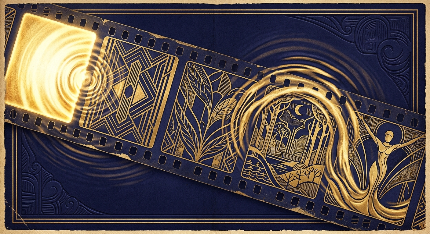 Art deco -kuvitus: viisto filminauha, jonka ensimmäinen ruutu hehkuu kultaisena ja josta leviää vesirenkaita muistuttavia aaltoja seuraavien ruutujen läpi muuttaen niiden sisältöä